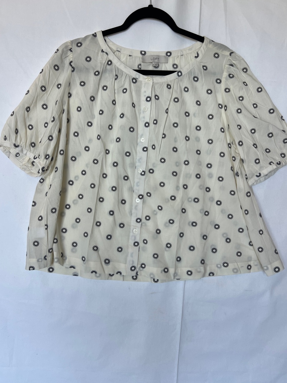 LOFT Cream Button-Front Blouse with Navy Circle Print NWT XL